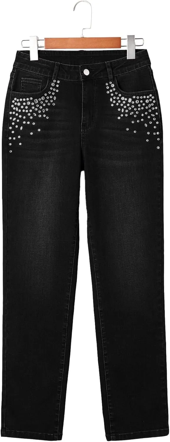 Sidefeel Women's Straight Leg Jeans High Waisted Stretchy Rhinestone Wide Leg Denim Pants