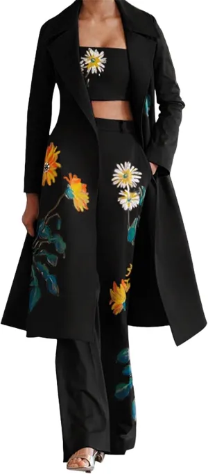 SOMTHRON Women's 3 Piece Outfits Floral Print Trench Coat Tube Top Wide Leg Pants Set Casual Work Business Suit