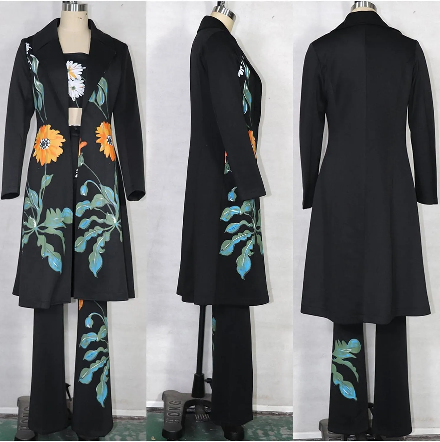 SOMTHRON Women's 3 Piece Outfits Floral Print Trench Coat Tube Top Wide Leg Pants Set Casual Work Business Suit