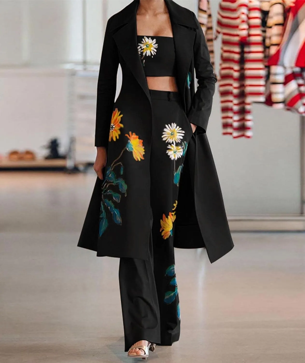 SOMTHRON Women's 3 Piece Outfits Floral Print Trench Coat Tube Top Wide Leg Pants Set Casual Work Business Suit