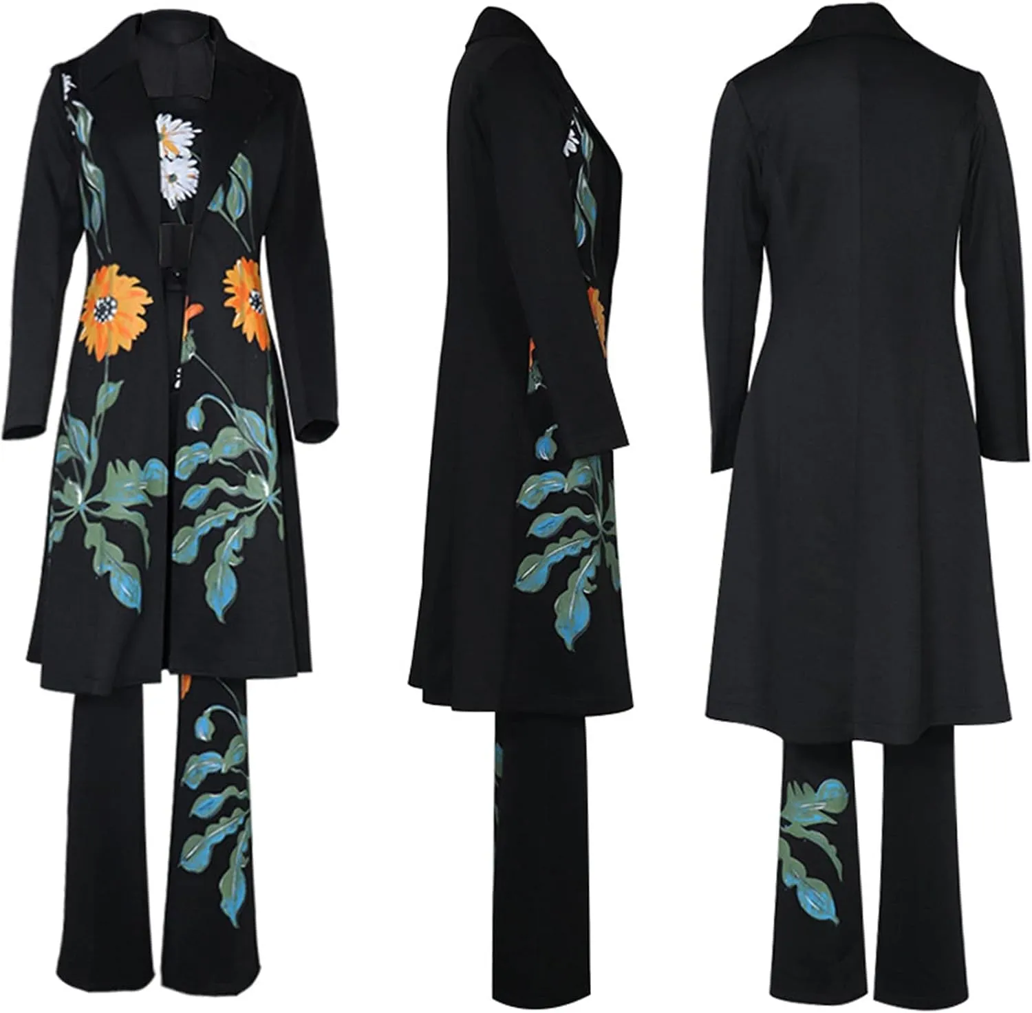 SOMTHRON Women's 3 Piece Outfits Floral Print Trench Coat Tube Top Wide Leg Pants Set Casual Work Business Suit