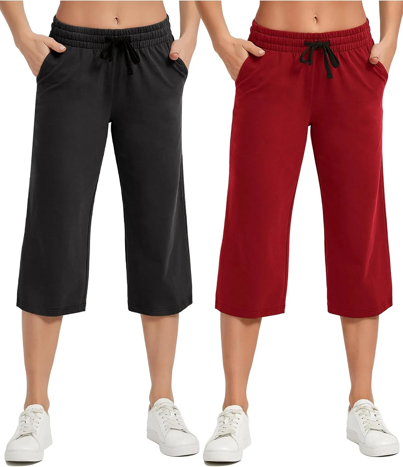 SPECIALMAGIC Women Capri Pants Cotton Yoga Wide Leg Capris Sweatpants Sports 2 Pack