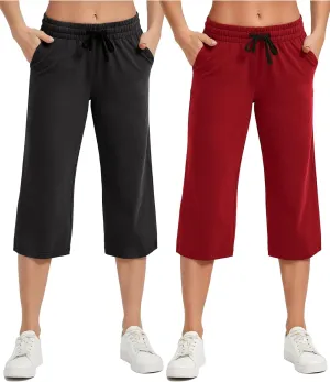 SPECIALMAGIC Women Capri Pants Cotton Yoga Wide Leg Capris Sweatpants Sports 2 Pack