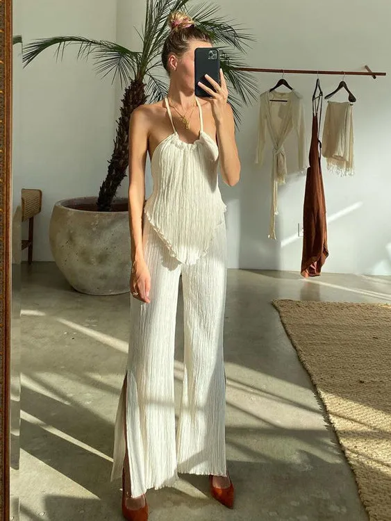 Textured Open Back Trendy Two Piece Pants Set
