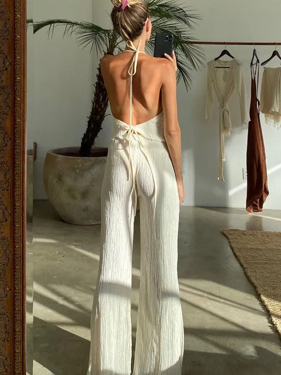 Textured Open Back Trendy Two Piece Pants Set