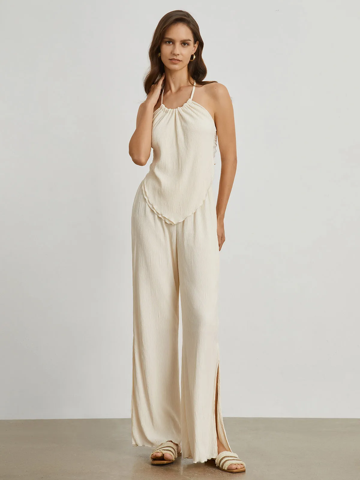 Textured Open Back Trendy Two Piece Pants Set