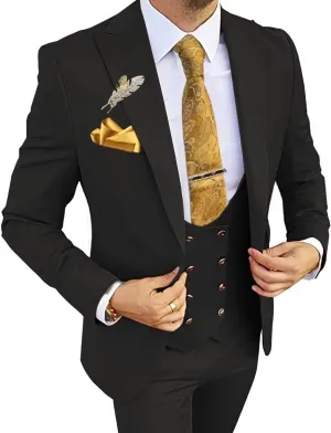 Wangyue 3 Piece Men's Suits Slim Fit Double Breasted Suit Gold Button Blazer Vest Pants Wedding Suit for Men