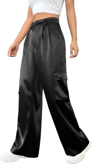 WDIRARA Women's Flap Pocket Side High Waist Straight Leg Solid Long Pants Trousers