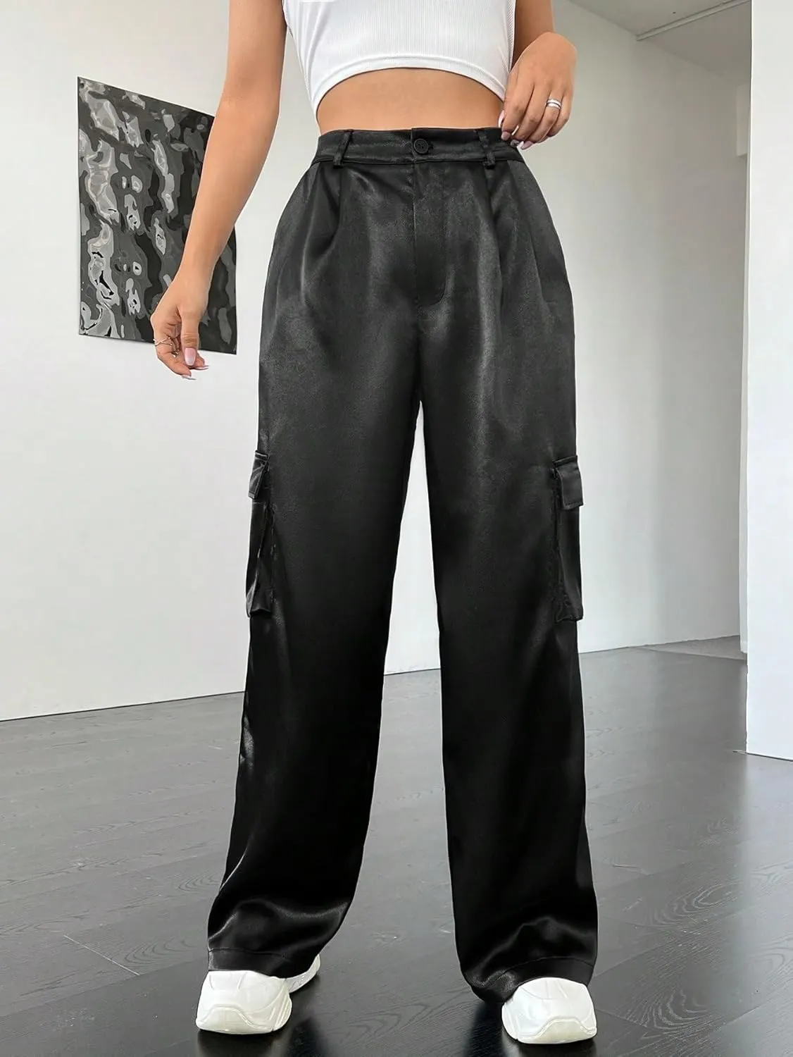 WDIRARA Women's Flap Pocket Side High Waist Straight Leg Solid Long Pants Trousers