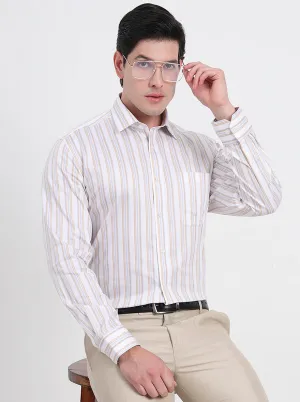 White & Fawn Striped Regular Fit Formal Shirt | JadeBlue