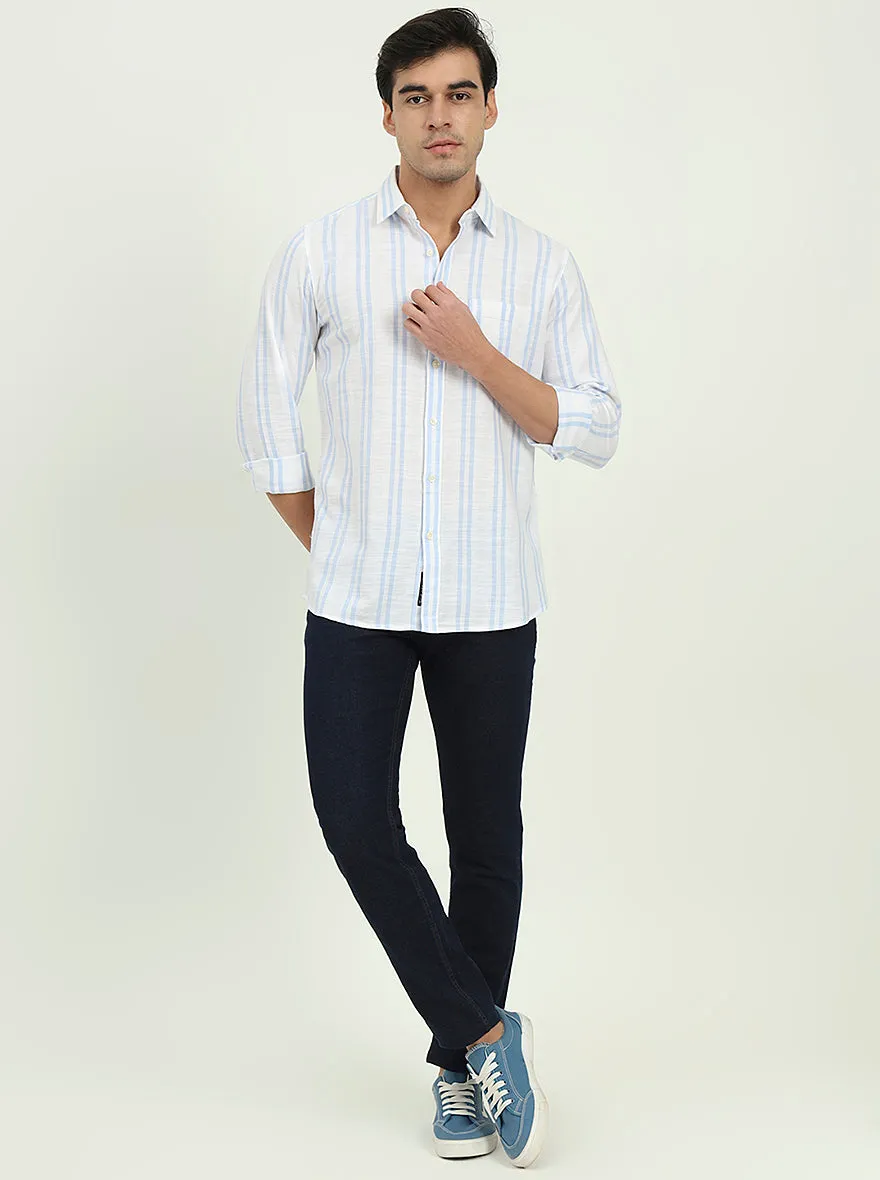White & Sky Blue Striped Slim Fit Casual Shirt | JadeBlue