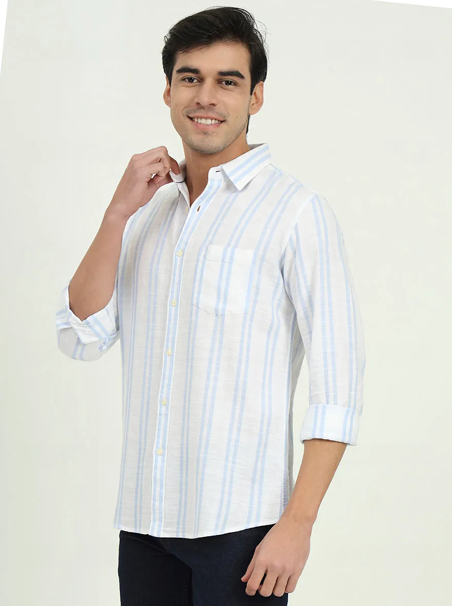 White & Sky Blue Striped Slim Fit Casual Shirt | JadeBlue