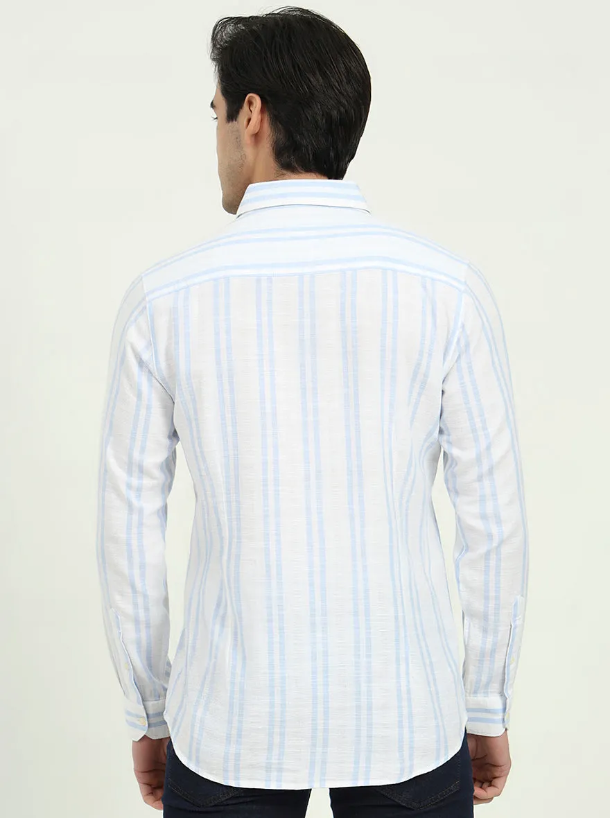 White & Sky Blue Striped Slim Fit Casual Shirt | JadeBlue