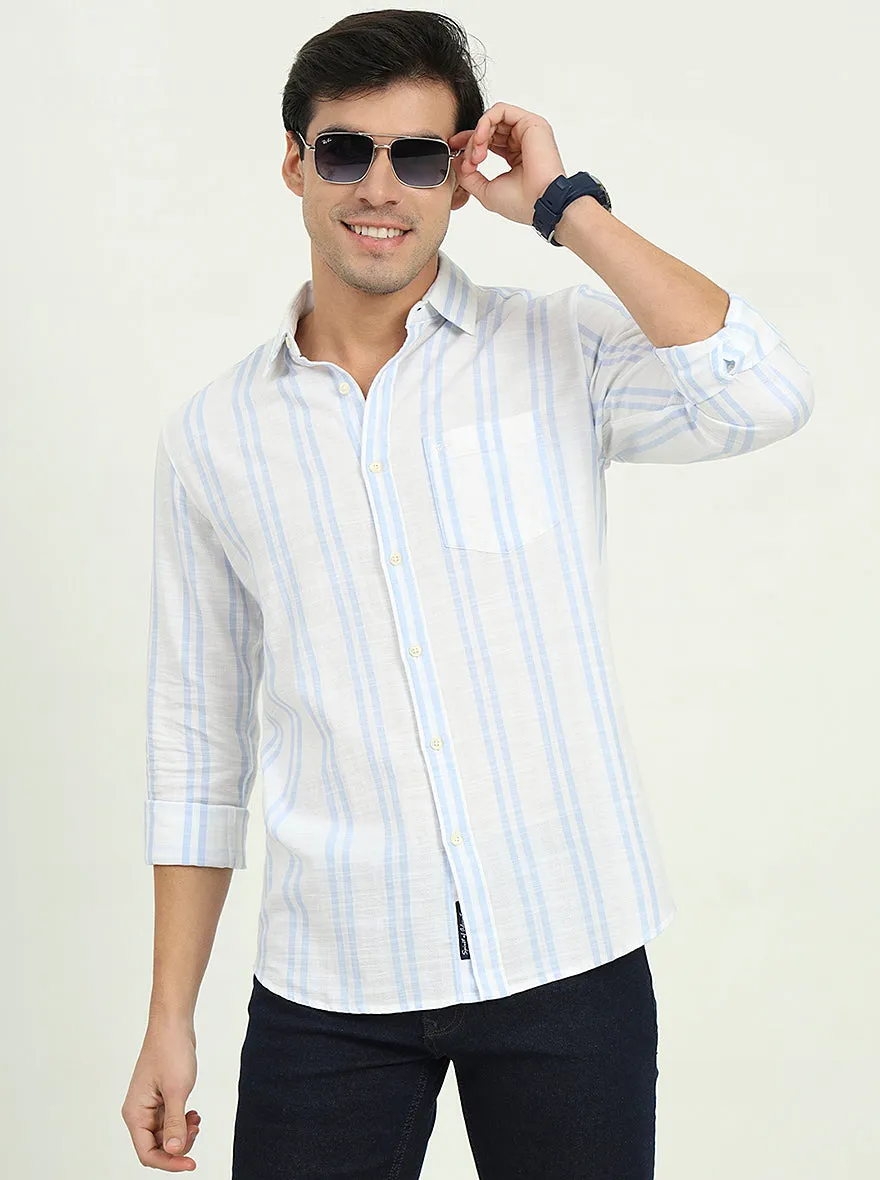 White & Sky Blue Striped Slim Fit Casual Shirt | JadeBlue