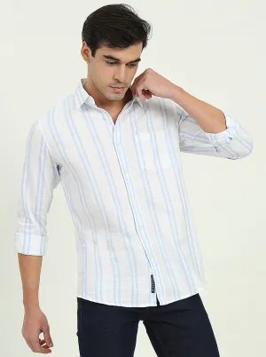 White & Sky Blue Striped Slim Fit Casual Shirt | JadeBlue