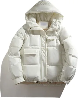 Winter Puffer Jacket Women Solid Simple Hooded Bubble Coat Cotton Padded Warm Parka Pockets Casual Outwear