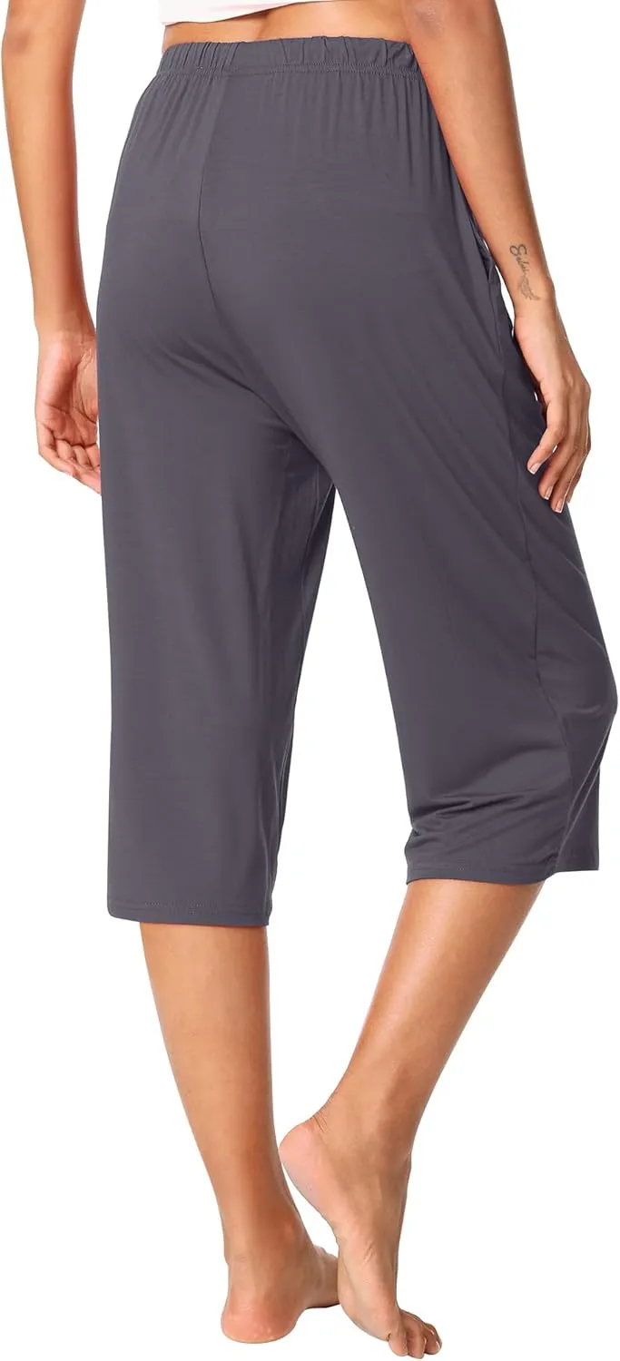WiWi Viscose Capri Pants for Women Wide Leg Pajama with Pockets Soft Knit Lounge Sleep Pj Bottoms S-XXL