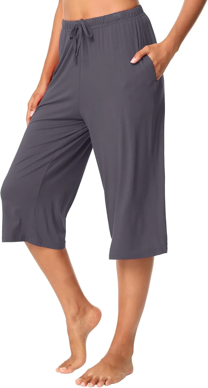 WiWi Viscose Capri Pants for Women Wide Leg Pajama with Pockets Soft Knit Lounge Sleep Pj Bottoms S-XXL