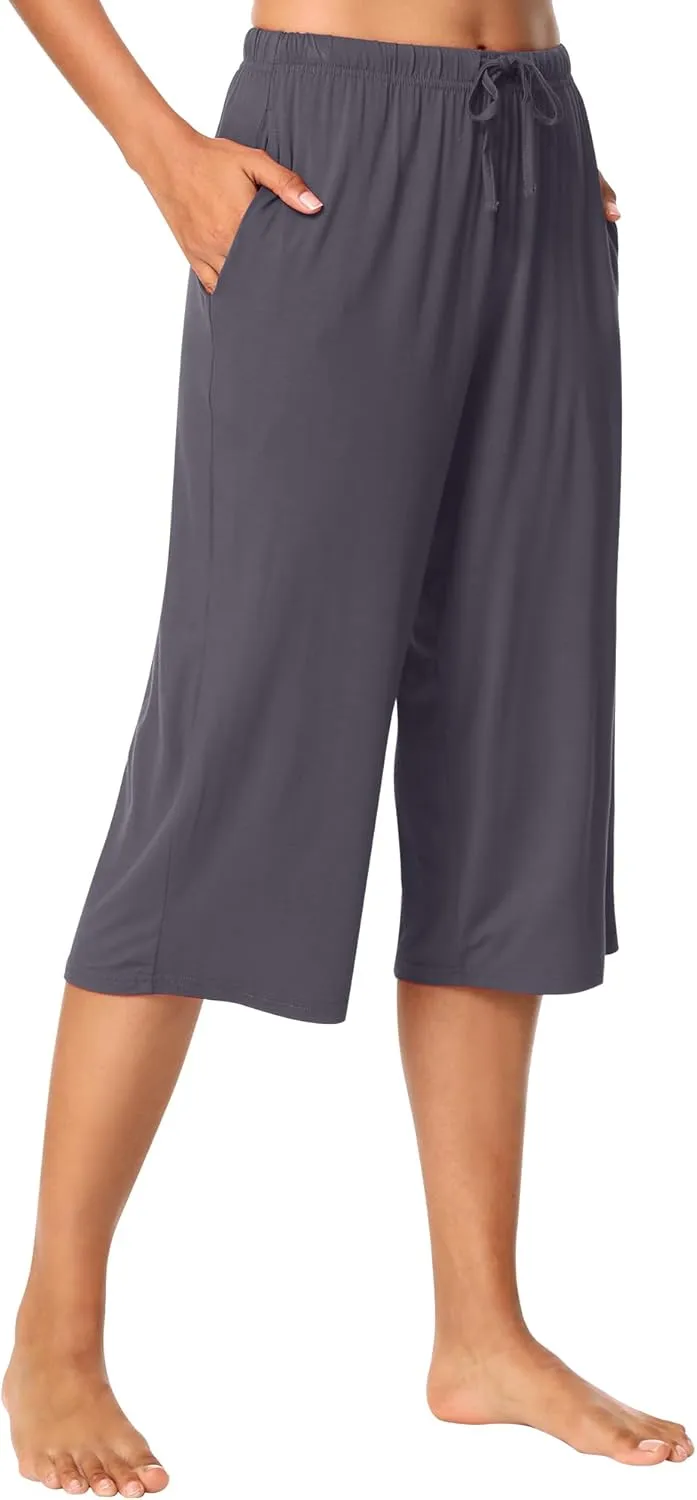 WiWi Viscose Capri Pants for Women Wide Leg Pajama with Pockets Soft Knit Lounge Sleep Pj Bottoms S-XXL
