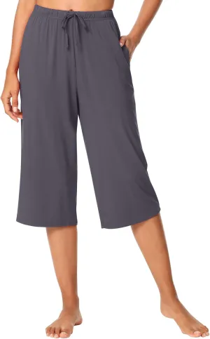 WiWi Viscose Capri Pants for Women Wide Leg Pajama with Pockets Soft Knit Lounge Sleep Pj Bottoms S-XXL