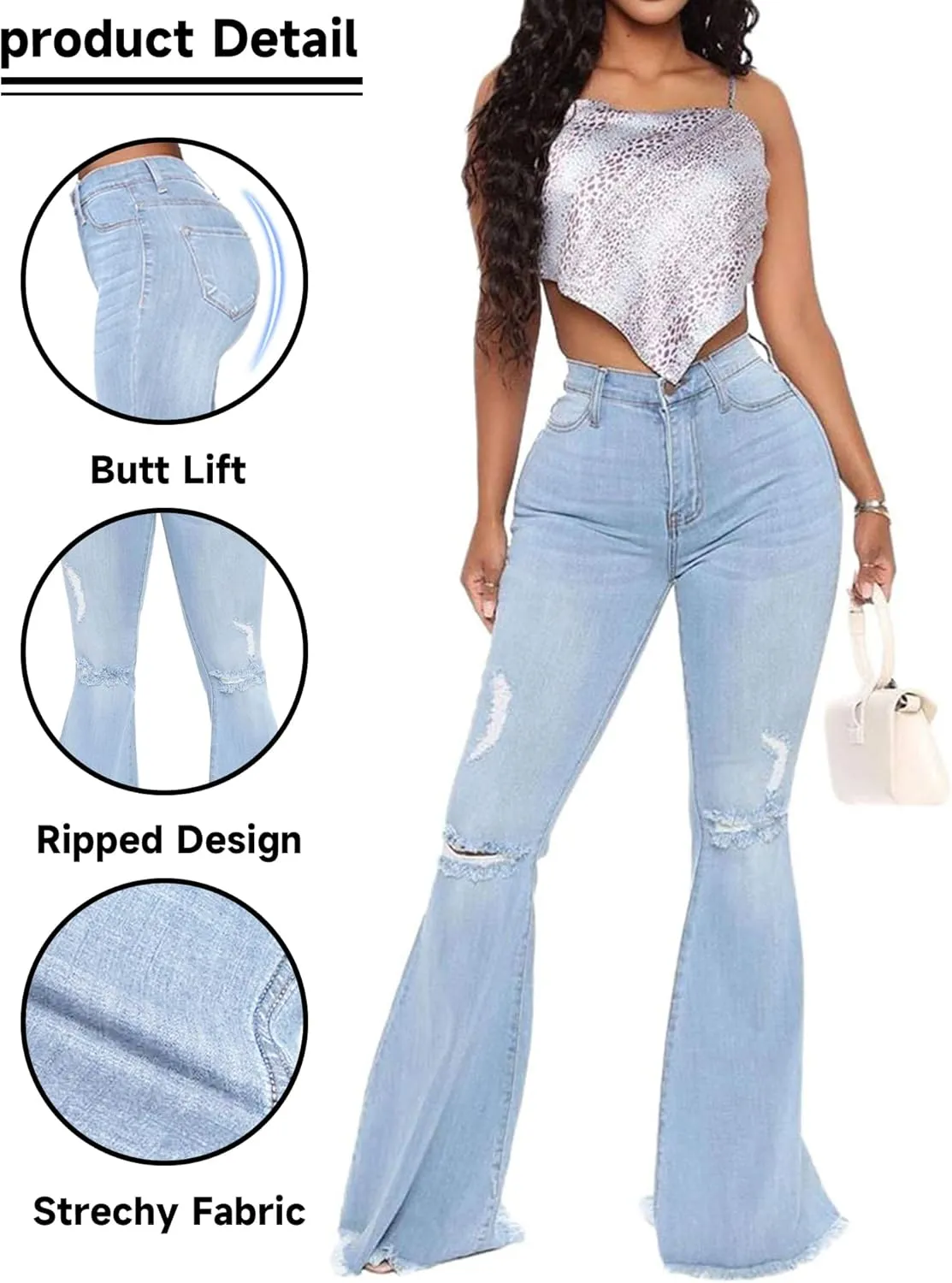 Women's Fashion Bell Bottom Pants High Waist Tassel Stretch Curvy Fit Jeans Blue