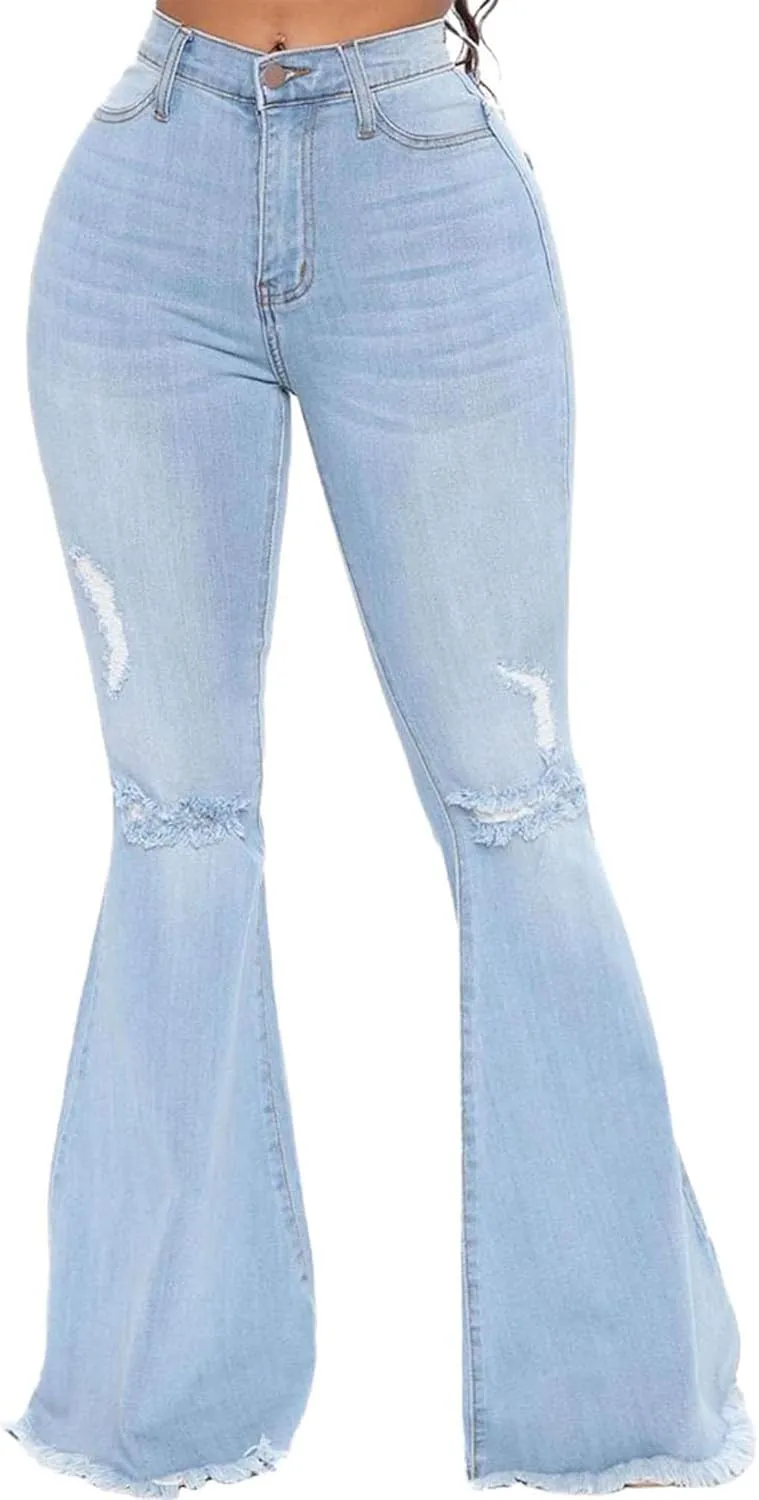 Women's Fashion Bell Bottom Pants High Waist Tassel Stretch Curvy Fit Jeans Blue