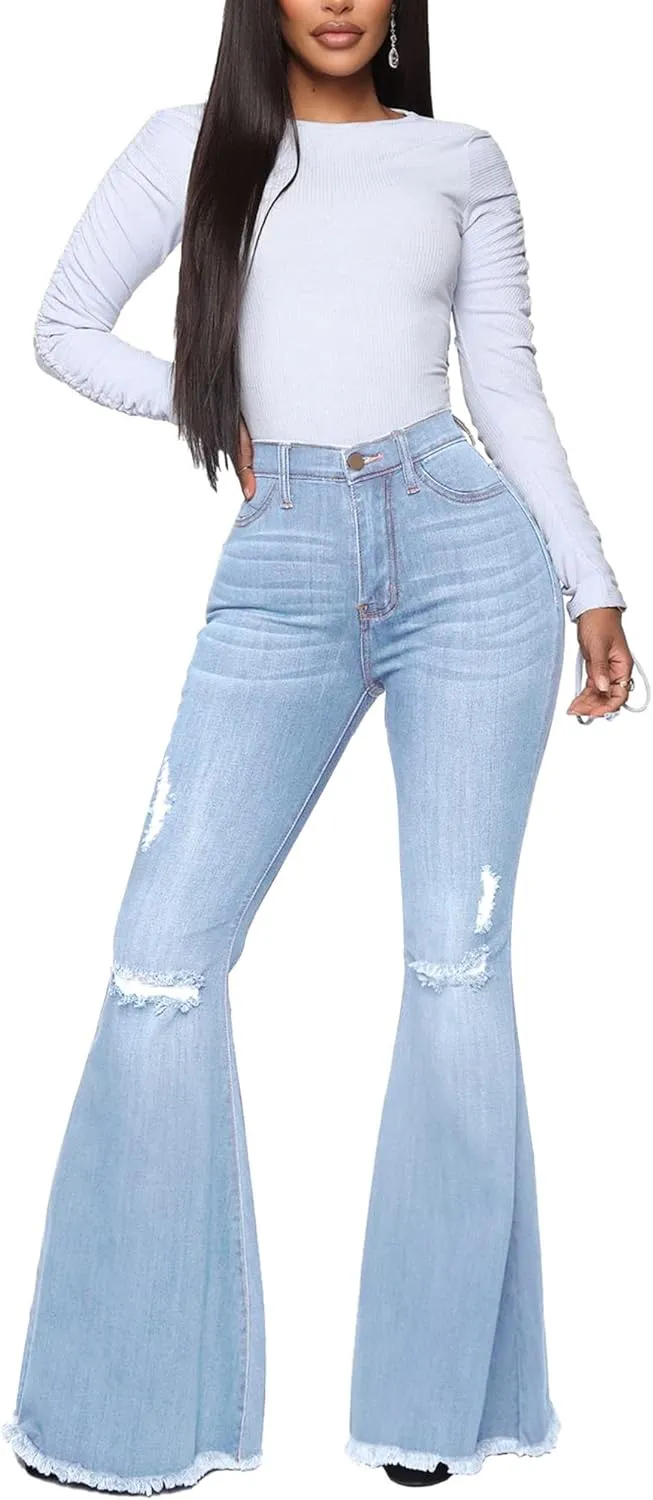 Women's Fashion Bell Bottom Pants High Waist Tassel Stretch Curvy Fit Jeans Blue