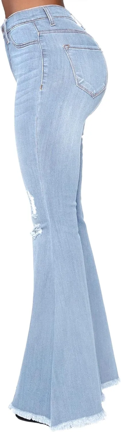 Women's Fashion Bell Bottom Pants High Waist Tassel Stretch Curvy Fit Jeans Blue