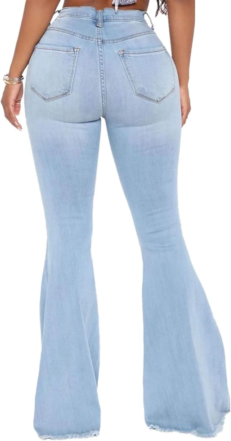 Women's Fashion Bell Bottom Pants High Waist Tassel Stretch Curvy Fit Jeans Blue