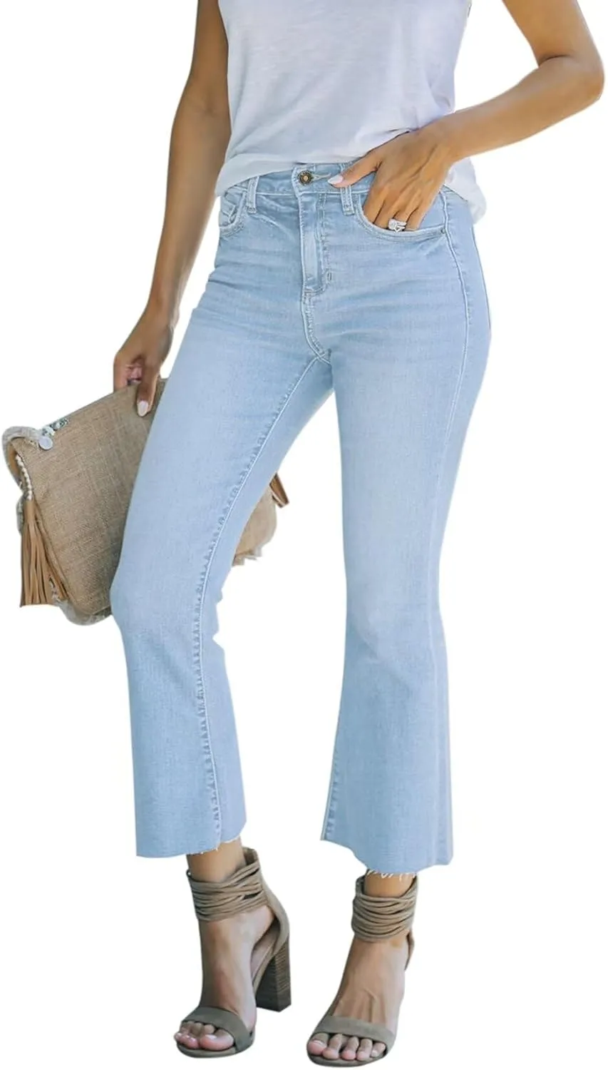 Women's High Waisted Crop Flare Jeans for Women Cropped Bell Bottom Jeans for Women Denim Pants with Live Hem