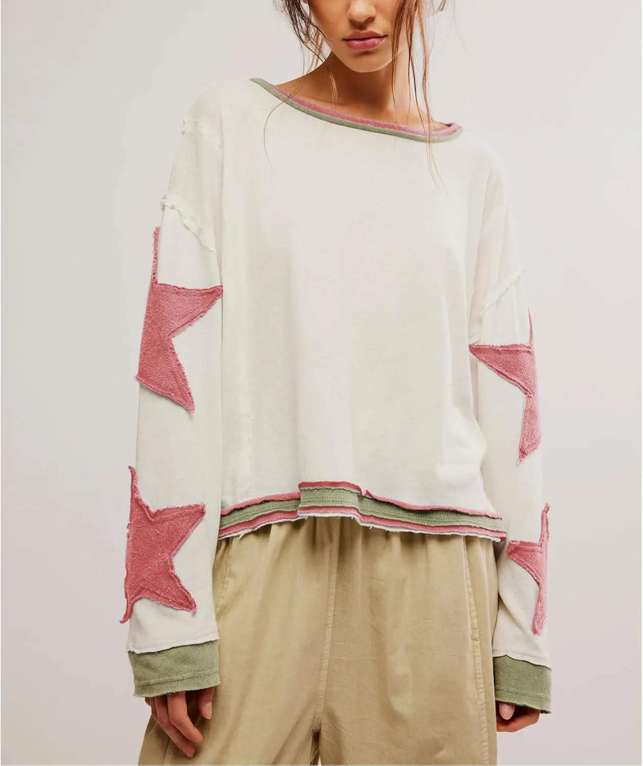 Womens Y2k Vintage Star Graphic Sweatshirts Aesthetic Harajuku Crew Neck Stripe Hoodies Top Teens Girl Streetwear