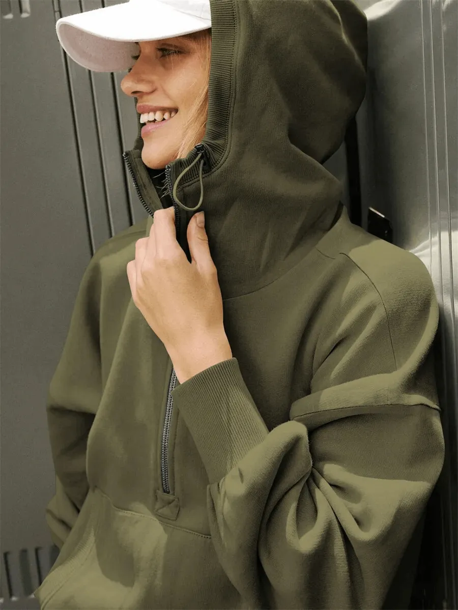Women's Zip-Up Loose Solid Hoodie with Pockets - SF1586