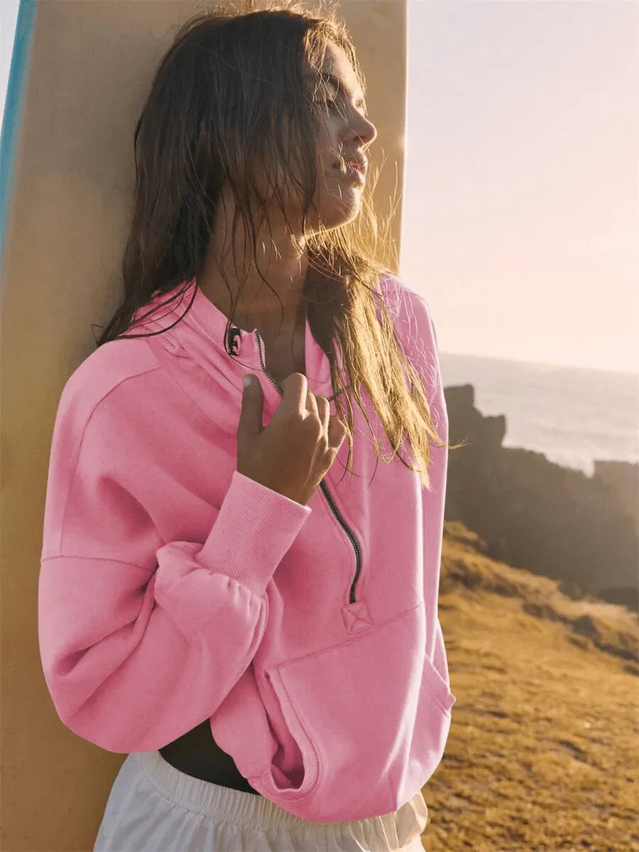 Women's Zip-Up Loose Solid Hoodie with Pockets - SF1586