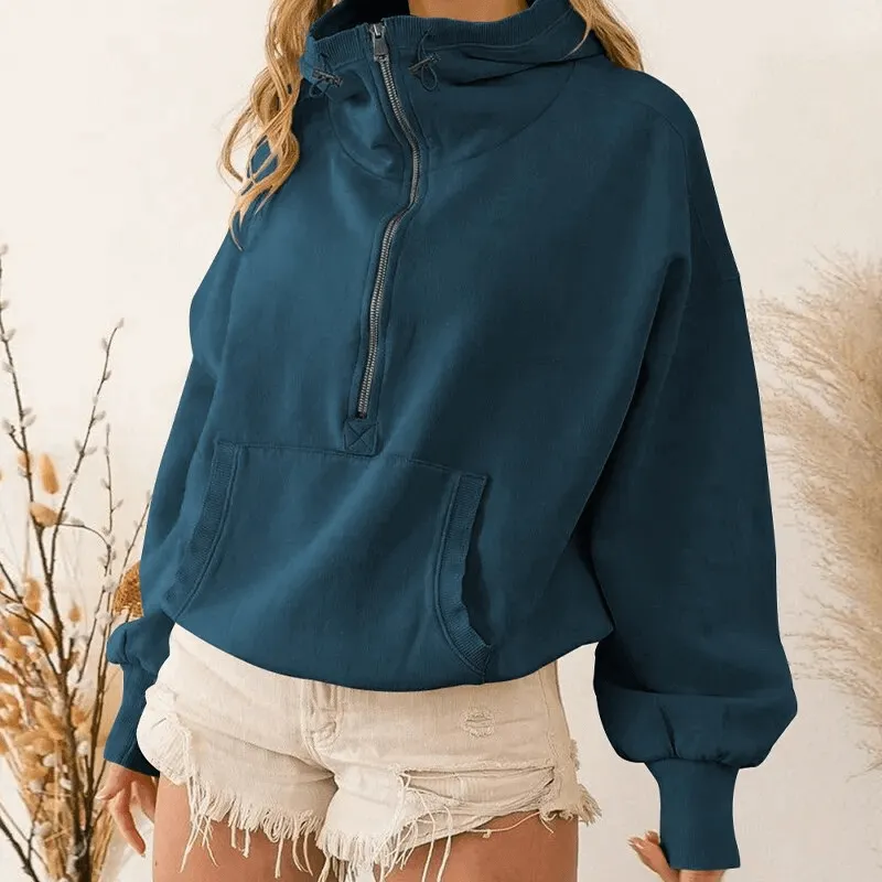 Women's Zip-Up Loose Solid Hoodie with Pockets - SF1586