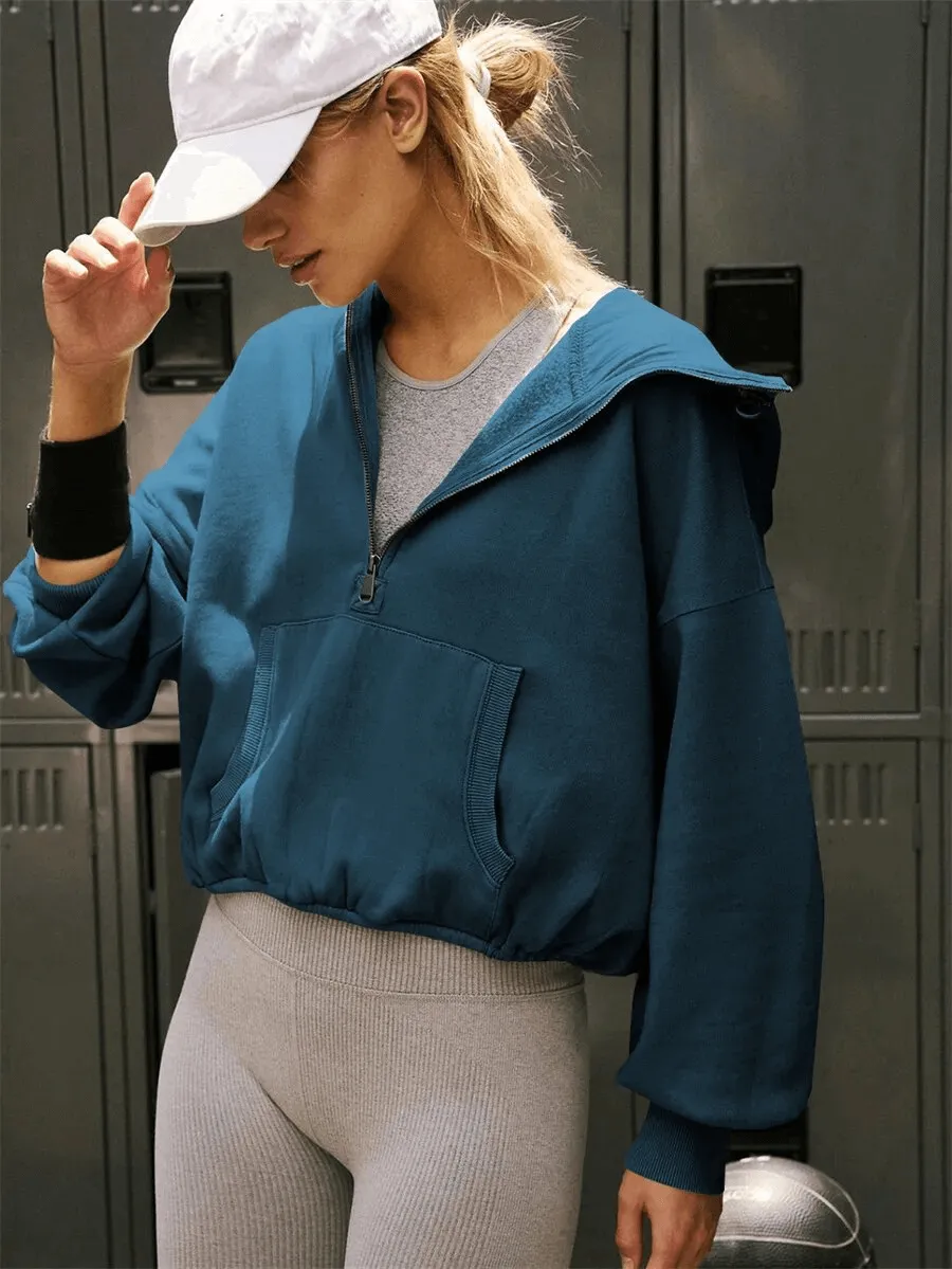 Women's Zip-Up Loose Solid Hoodie with Pockets - SF1586