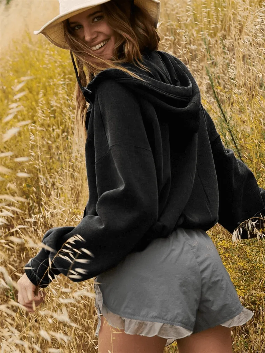 Women's Zip-Up Loose Solid Hoodie with Pockets - SF1586