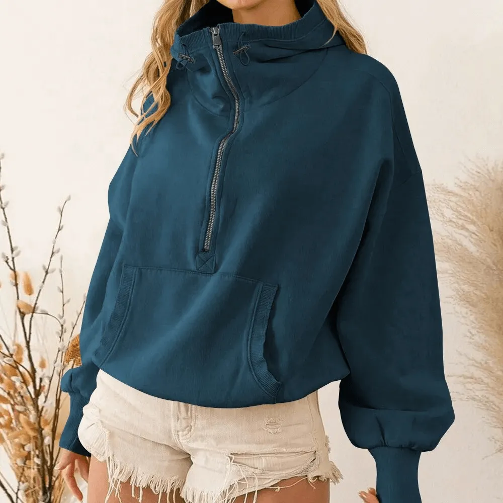 Women's Zip-Up Loose Solid Hoodie with Pockets - SF1586