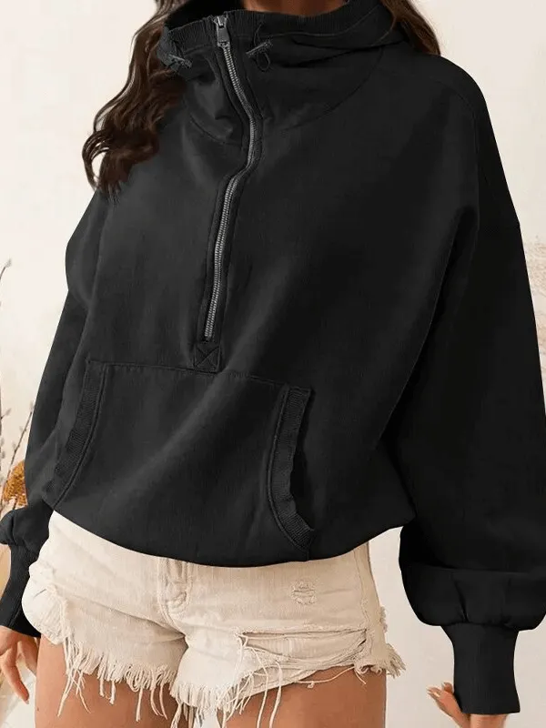 Women's Zip-Up Loose Solid Hoodie with Pockets - SF1586