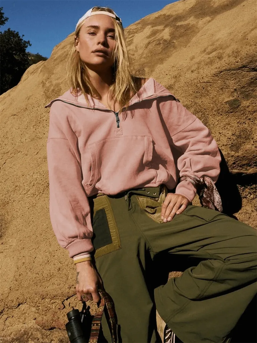 Women's Zip-Up Loose Solid Hoodie with Pockets - SF1586