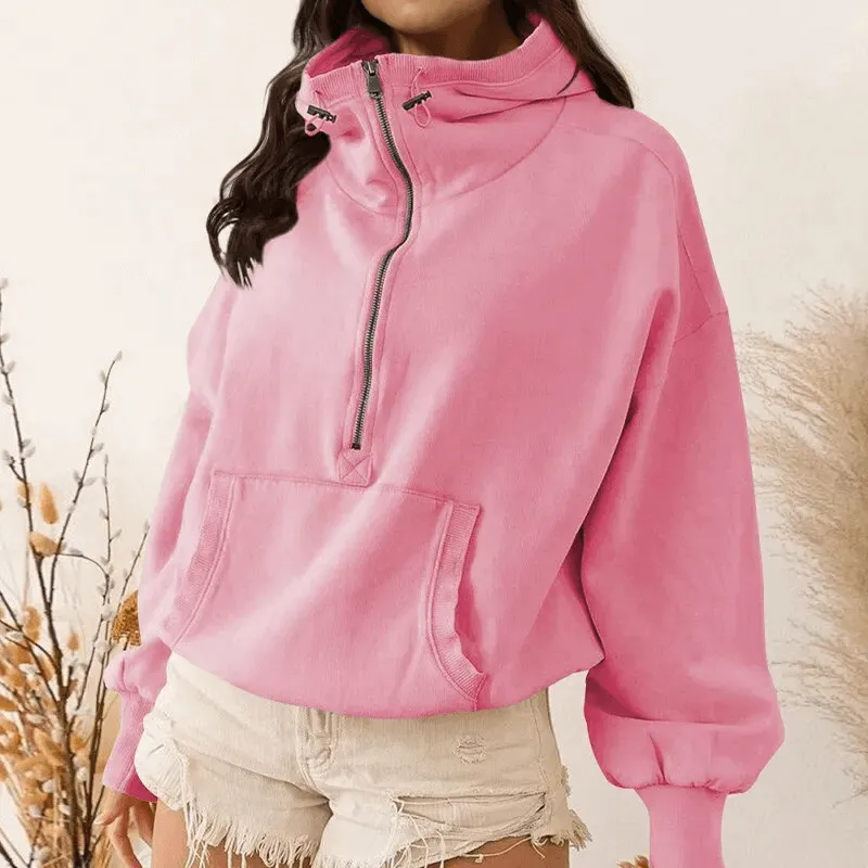 Women's Zip-Up Loose Solid Hoodie with Pockets - SF1586
