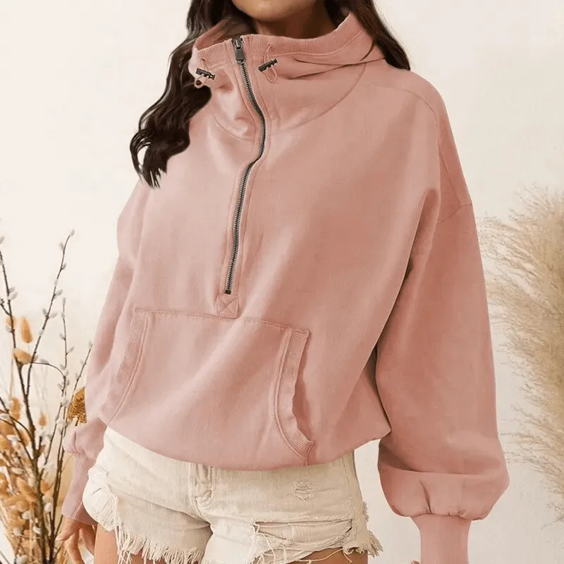 Women's Zip-Up Loose Solid Hoodie with Pockets - SF1586