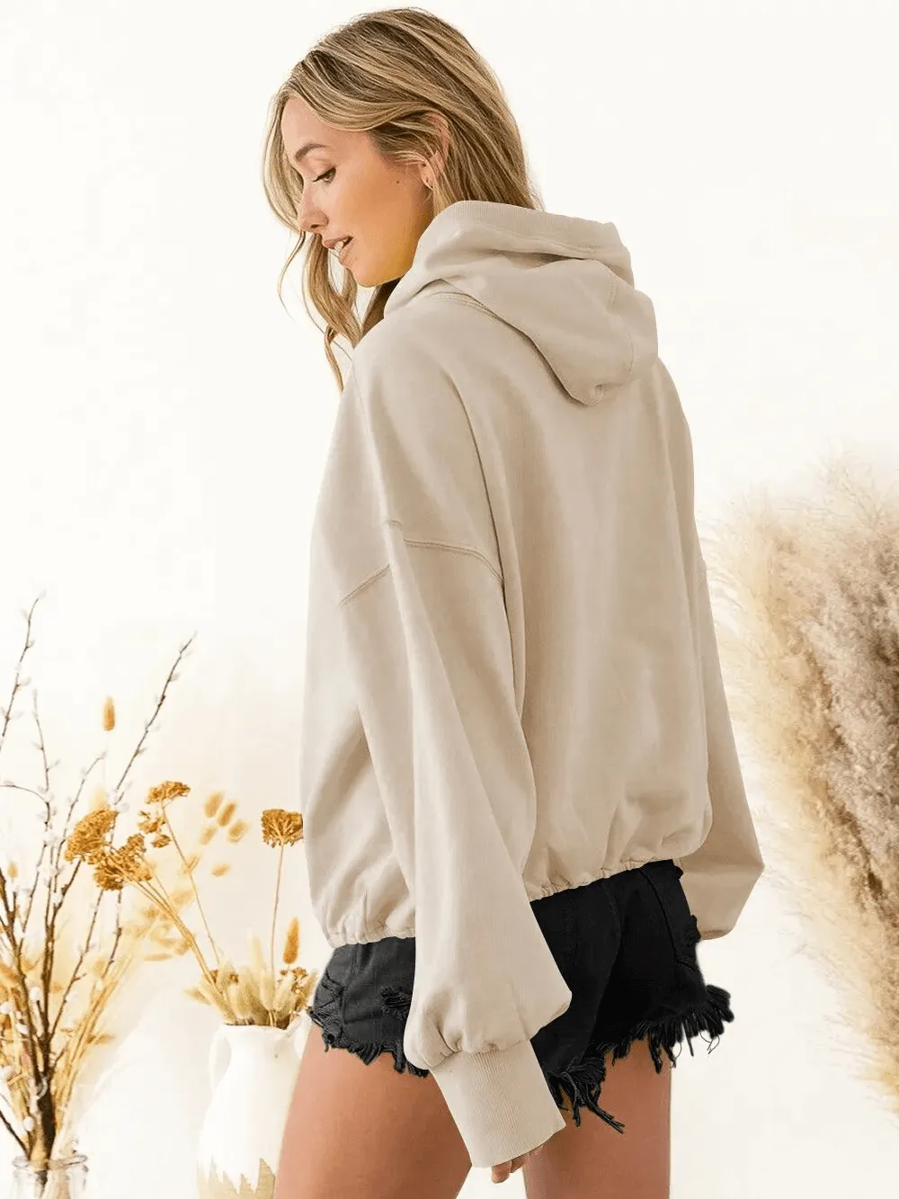 Women's Zip-Up Loose Solid Hoodie with Pockets - SF1586