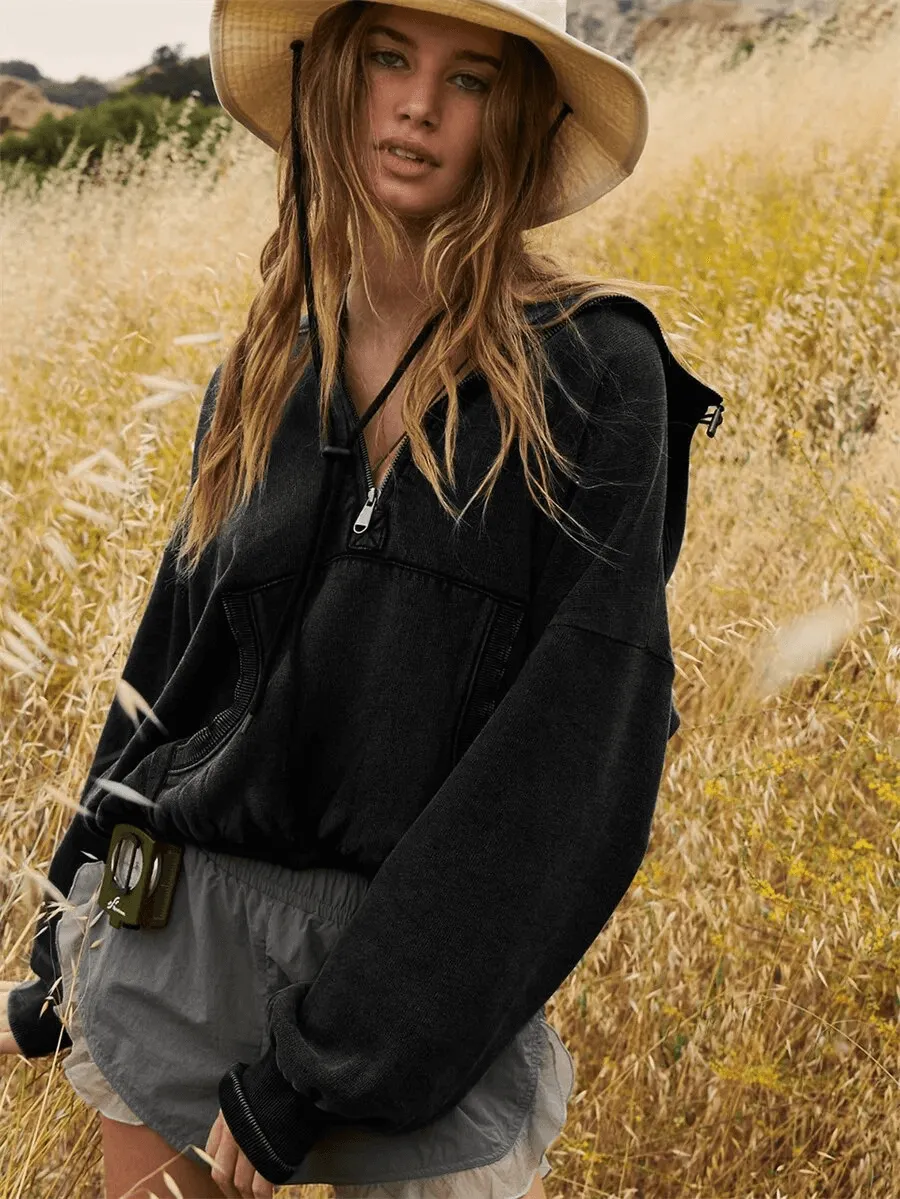 Women's Zip-Up Loose Solid Hoodie with Pockets - SF1586