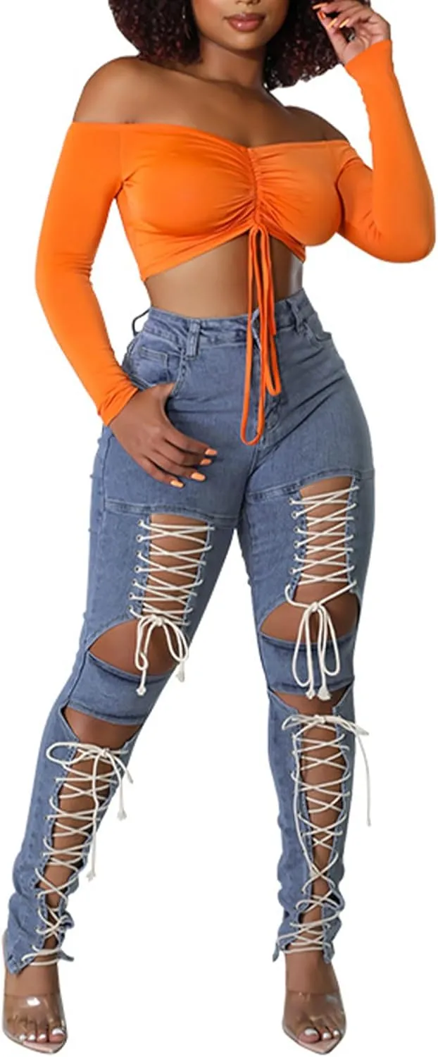 xxxiticat Women's Lace Up Denim Pants High Waist Cutout Bandage Criss Cross Bow Tie Destroyed Hollow Out Jean Trousers