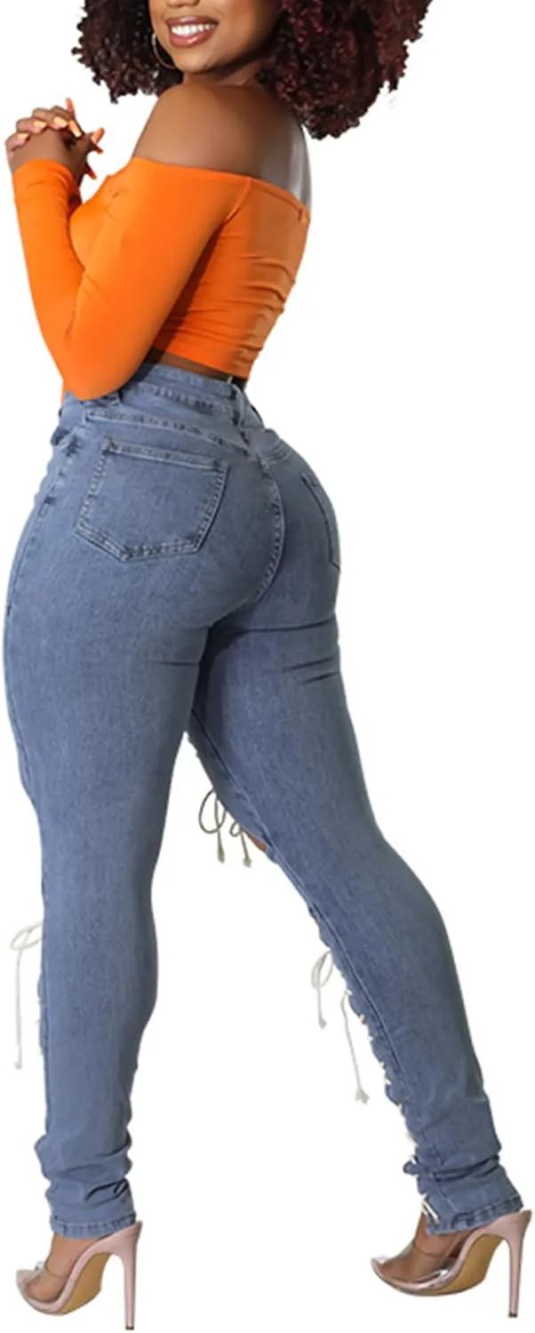 xxxiticat Women's Lace Up Denim Pants High Waist Cutout Bandage Criss Cross Bow Tie Destroyed Hollow Out Jean Trousers