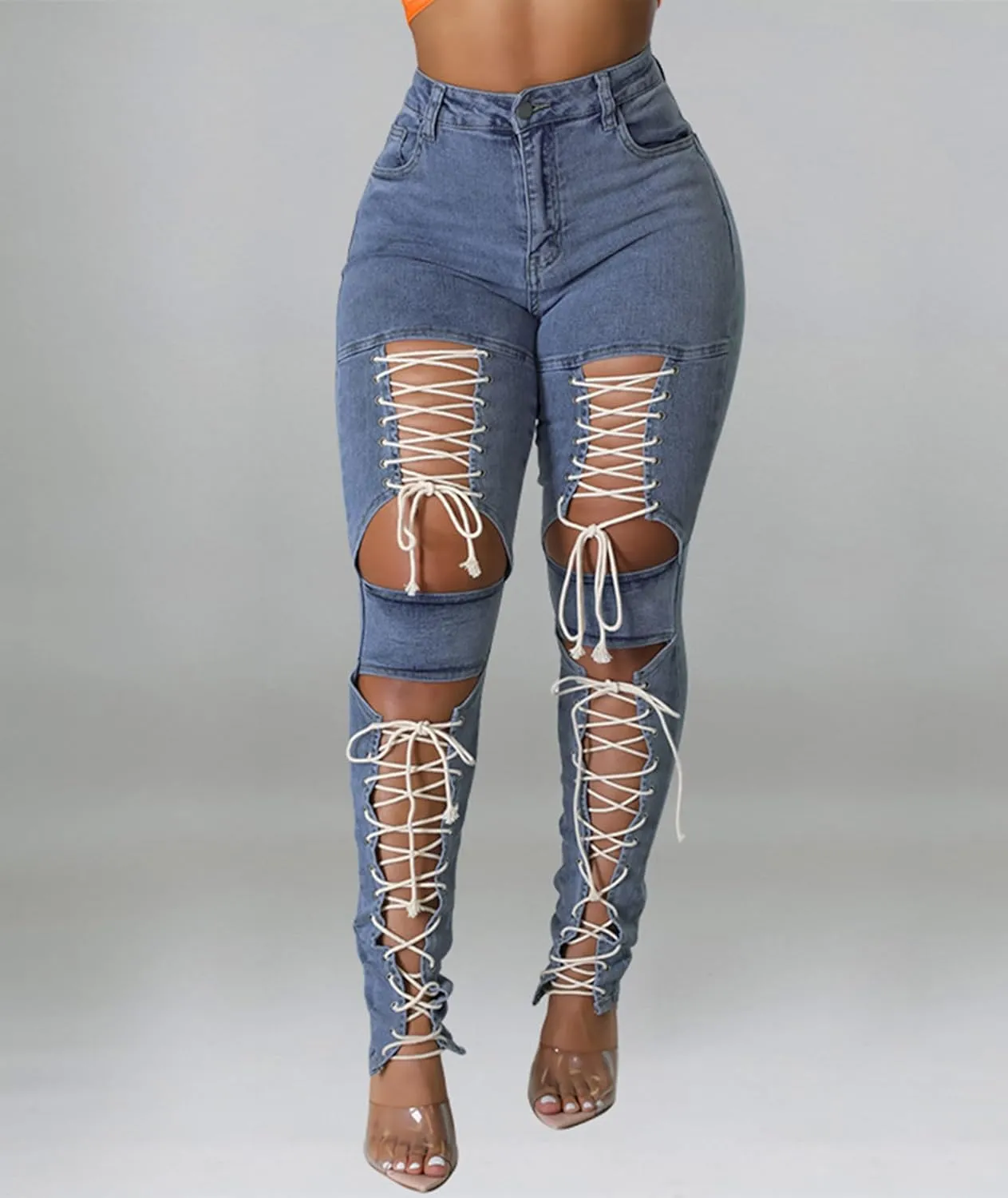 xxxiticat Women's Lace Up Denim Pants High Waist Cutout Bandage Criss Cross Bow Tie Destroyed Hollow Out Jean Trousers