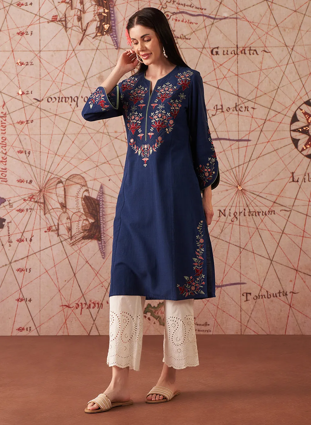 Zahra Royal Blue Embroidered Cotton Slub Kurti for Women