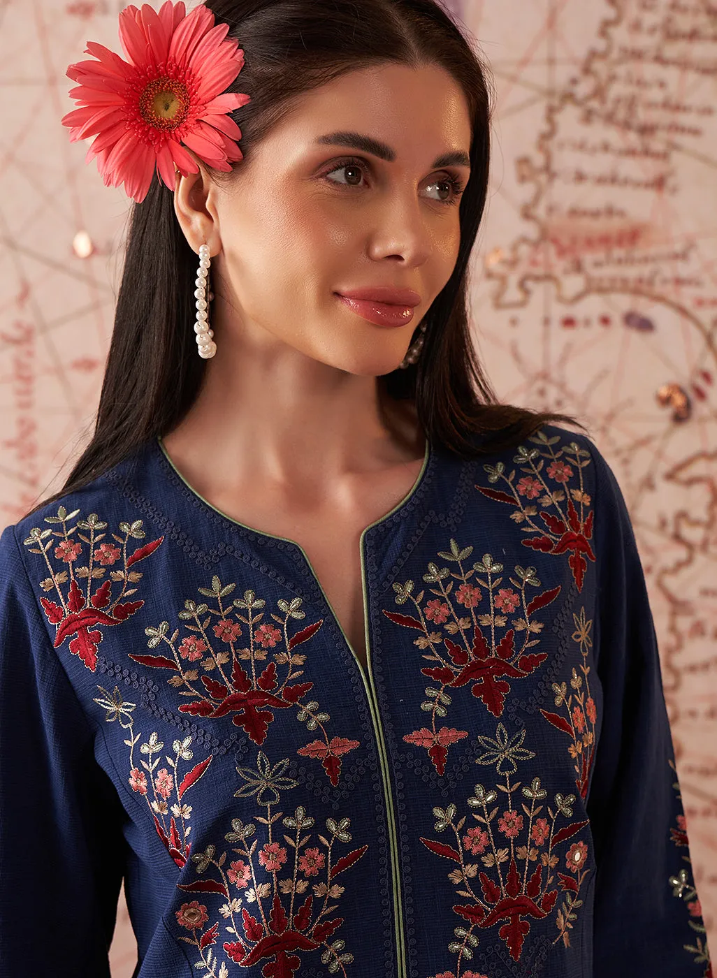 Zahra Royal Blue Embroidered Cotton Slub Kurti for Women