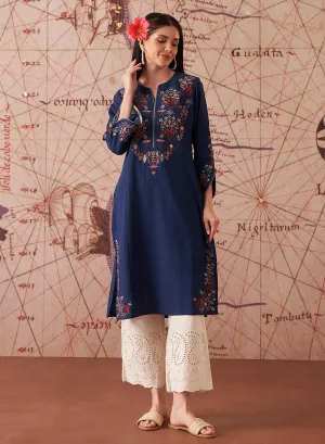 Zahra Royal Blue Embroidered Cotton Slub Kurti for Women