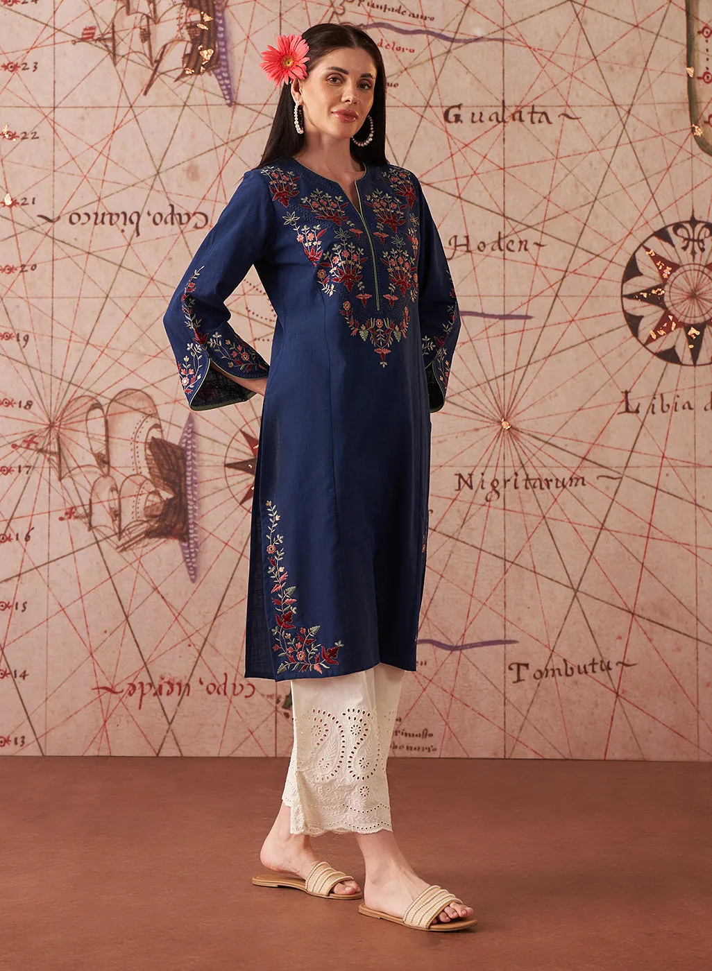 Zahra Royal Blue Embroidered Cotton Slub Kurti for Women